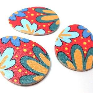 6 pcs. Red Faux Leather Dangle Charms Pendants - Egg Teardrop - Easter - 51mm (2&quot;) - Double-Sided - Flowers