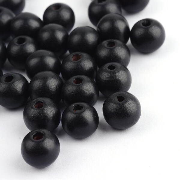 200 pcs Black Wooden Wood Round Spacer Beads - 8mm (0.32") - Hole Size: 3mm - Matte