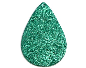 10 pezzi. Ciondoli pendenti pendenti in finta pelle glitter verde - teardrop - 56 mm (2,2") - Ottimo per orecchini leggeri - a doppia faccia - piccolo glitter