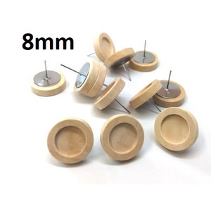 10 pcs. Stainless Steel Earring Posts Studs Settings Bezels Cabochons Tacks - 8mm Glue Pad Setting - Silver Tone - Wood Bezel - Natural
