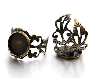 5 stuks antieke bronzen verstelbare cabochon zettingen voor ringen - Ringmaat 7,5 US - Lijmkussen 12 mm (0,47 inch) - Filigraanpatroon