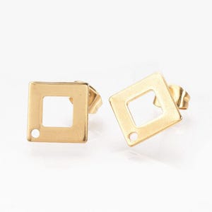 10 pc (5 pairs) 304 Stainless Steel Rhombus Earring Posts/Bases/Studs/Settings with Backs - 14mm x 14mm - Hole for Dangles - Gold Ion Plated
