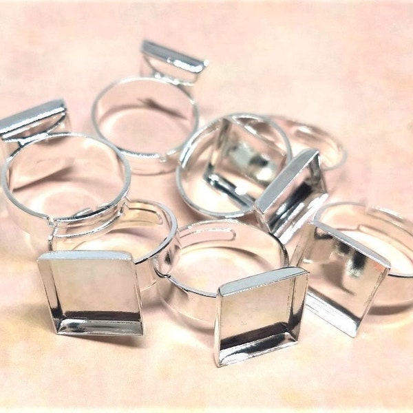 10 pcs. Silver Plated ADJUSTABLE Cabochon Setting Bezel RING bases settings - Glue Pad 12mm - Square