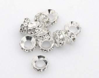 20 pcs. Silver Plated Clear Rhinestone Rondelle Spacer Beads - 7mm x 3.3mm - Hole Size: 3.5mm