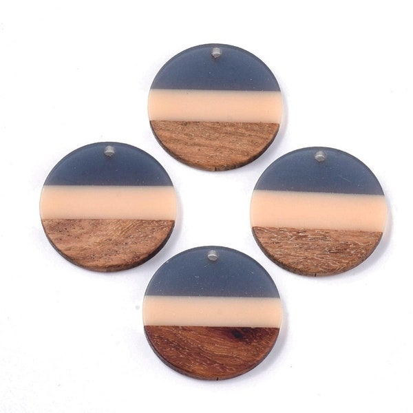 4 pcs. Gray and Coral Resin and Brown Wood Round Flat Pendant - 28mm - (1.1")
