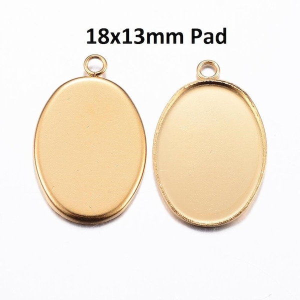 10 pcs. 304 Stainless Steel Oval Bezel Cabochon Pendant Trays - Smooth - 18mm x 13mm Glue Pad - Golden - Tarnish Resistant!