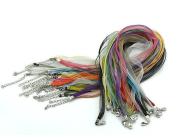 15 pcs. Assortment of Organza Ribbon Waxen Cord Necklaces- 17 inch (43 cm)