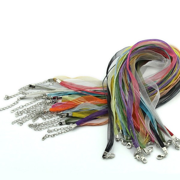 15 pcs. Assortment of Organza Ribbon Waxen Cord Necklaces- 17 inch (43 cm)