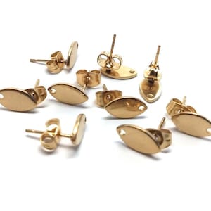 10 pcs. (5 pairs) 304 Stainless Steel Oval Earring Posts/Bases/Studs/Settings with Backs - 10mm x 5.5mm - Hole for Dangles - Golden