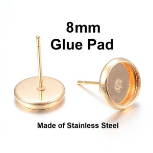 10 pcs. 304 Stainless Steel Gold Plated Earring Posts Settings Bezels Cabochons Tacks- 8mm Glue Pad Setting - with Stoppers!