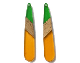 4 pcs. Clear Orange and Green Stripe Resin and Wood Teardrop Flat Pendant - 44mm x 8mm - (1.73" x 0.32") - Great for Earrings and Necklaces!