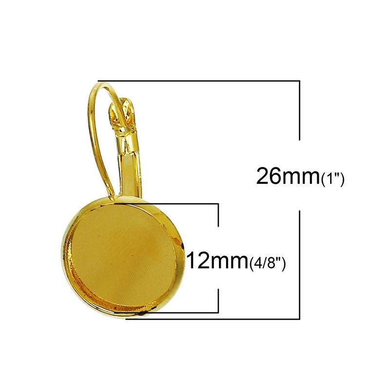 10 pcs. Gold Plated Earring Clips Settings Lever Back Bezels Cabochons 12mm Glue Pad Setting image 3