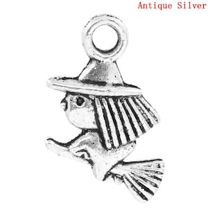 50 pcs. Antique Silver Witch and Broom Halloween Charms Pendants - 13mm x 10mm