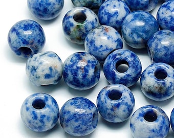 10 pcs Blue Spot Jasper - Natural Gemstone - 12mm - Large Hole: 5mm - Fits European Cords and Paracord!