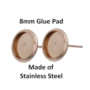 2 pcs. 304 Stainless Steel Rose Gold Plated Earring Posts Settings Bezels Cabochons Tacks- 8mm Glue Pad Setting - with Stoppers!