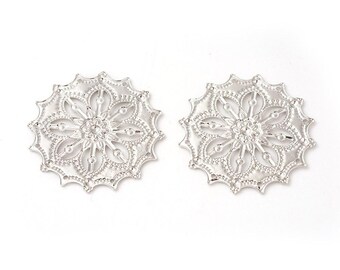 10 pcs. Silver Tone Filigree Circle Metal Pendants Dangle Charms - Flower - 35mm (1.4") - Great for Earrings!