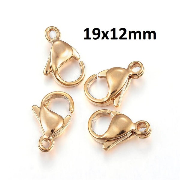 10 pcs. 304 Stainless Steel Lobster Clasps - 19mm x 12mm - Claw Clasps - Gold Plated - Hypoallergenic! Tarnish Resistant!