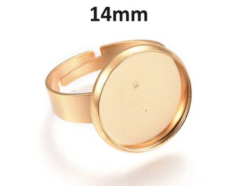 5 pcs. 201 Stainless Steel Golden ADJUSTABLE Cabochon Setting Bezel RING bases settings - Ring Size 7 US - Glue Pad 14mm