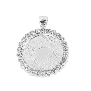 2 pcs. Silver Plated Rhinestone Pendant Trays Circle Posts Settings Bezels Cabochons - 25mm Glue Pad Setting (1 inch)