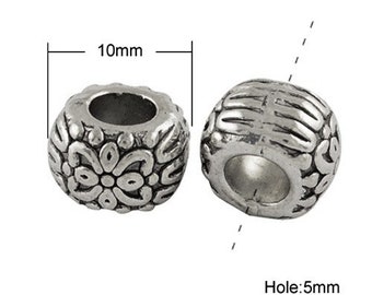 20 pcs Antique Silver Floral Filigree Metal Rondelle Ball Spacer Beads - 10mm - Large Hole: 5mm - Fits European Cords and Paracord!