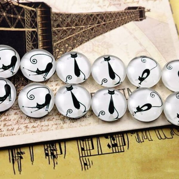 12 pcs Assortment of Circle Black and White Cat Glass Round Dome Seals Tiles Cabochons - 12mm