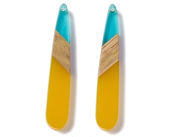 4 pcs. Yellow Mustard and Aqua Stripe Resin and Wood Teardrop Flat Pendant - 44mm x 8mm - (1.73" x 0.32") - Great for Earrings and Necklaces