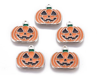 10 pcs. Silver Tone Halloween Pumpkin Jack O Lantern Enamel Charms - 21mm - Hole Size: 2mm