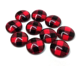 10 pcs Buffalo Check - Red and Black - Circle Glass Round Dome Seals Tiles Cabochons - 12mm