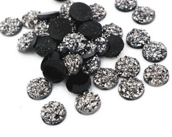 10 cabochons d'embellissement en résine Druzy, métal argenté foncé - 12 mm - Dôme rond