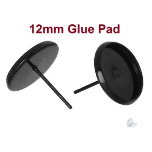 May include: Two black 12mm glue pads with posts for earrings. The pads are round and have a small hole in the center. There is also a clear plastic earring back.