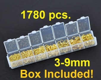 Box with Assortment of 1780pcs Gold Plated Open Jump Rings- 3mm to 9mm