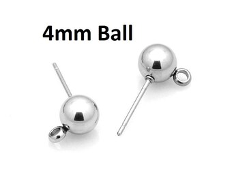 10 pcs. (5 pairs) 304 Stainless Steel Earring Ball Posts Settings with Loop - 15mm x 6mm -  Silver Tone - 4mm Ball Diameter - with Stoppers