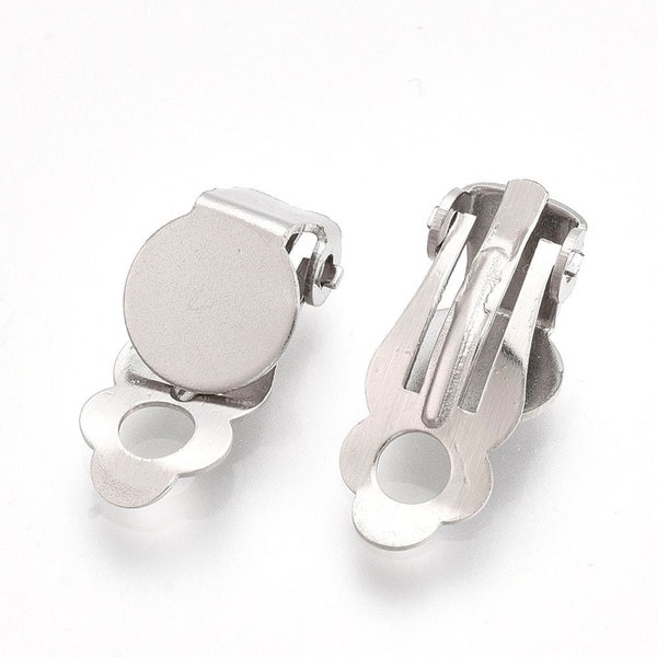 10 pcs. 304 Stainless Steel Hinged Earring Clip-Ons Settings - 8mm Glue Pad Setting - Silver Tone