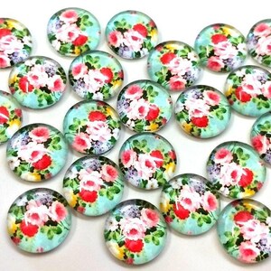 10 pcs Circle Flower Glass Round Dome Seals Tiles Cabochons - 12mm - Pink Rose with Teal Background