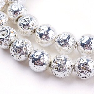 6mm Electroplated Natural Stone Lava Round Beads - Silver Plated - 15.35" strand - Hole Size: 1mm - Approx. 66 pieces per strand