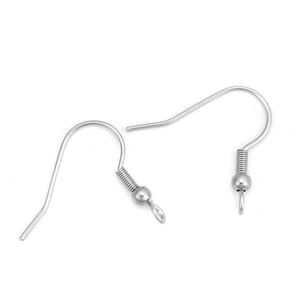 50 pcs 304 Stainless Steel Silver Tone Earring Hooks with Spring and Ball - 22mm x 20mm - Hole Size: 2mm - Perpendicular Loop
