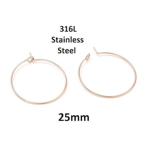 10 pcs 316L Surgical Stainless Steel Rose Gold Wine Charm / Earwire Hoop Rings - 25mm - 20 Gauge (0.8mm Thick) - Tarnish Resistant