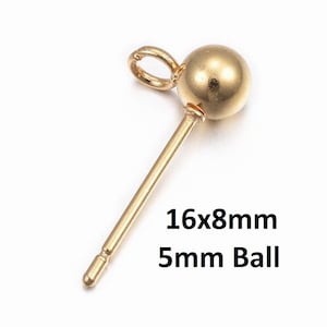 10 pcs. (5 pairs) 304 Stainless Steel Earring Ball Posts Settings with Loop - 16mm x 8mm -  24K Gold Plated - 5mm Ball Diameter