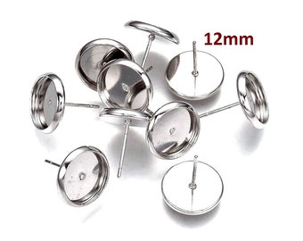 50 pcs. Silver Tone Earring Posts Studs Settings Bezels Cabochons Tacks- 12mm Glue Pad Setting