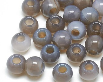 10 pcs Gray Agate - Natural Gemstone - 12mm - Large Hole: 5mm - Fits European Cords and Paracord!