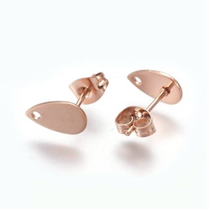 10 pcs. (5 pairs) 304 Stainless Steel Teardrop Earring Posts/Bases/Studs/Settings with Backs - 10mm x 6mm - Hole for Dangles - Rose Gold