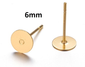 100 pieces (50 pairs) Brass Tray and 304 Stainless Steel Pin - Golden Earring Posts/Bases/Studs/Settings with Rubber Backs - 12mm x 6mm