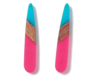 4 pcs. Pink and Teal Stripe Resin and Wood Teardrop Flat Pendant - 44mm x 8mm - (1.73" x 0.32") - Great for Earrings and Necklaces!