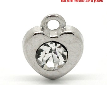 4 or 10 or 30pcs Silver Tone Heart Charm Pendant with Rhinestone- 11mm X 10mm