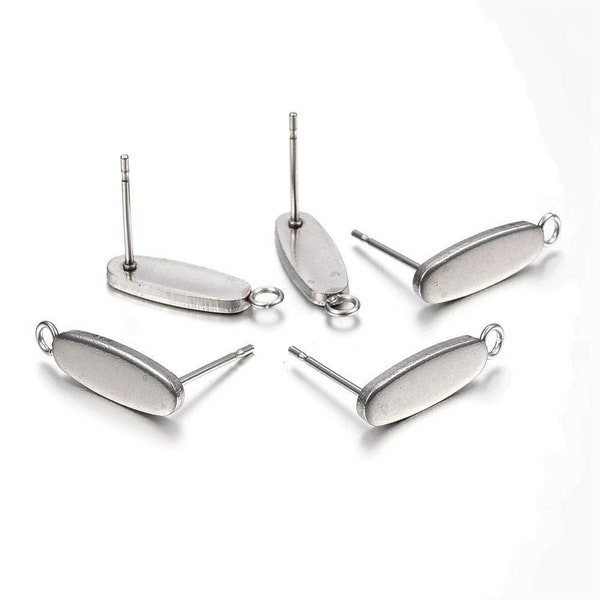 10 pcs. (5 pairs) 304 Stainless Steel Oval Earring Posts / Bases/ Studs / Settings with Backs - 16mm x 4.5mm - Silver - with Loop