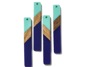 4-tlg. Blau und Türkis Streifen Harz und Holz Rechteck Flach Anhänger - 52mm x 8mm - (2.05 "x 0.32") - Ideal für Ohrringe und Halsketten!