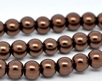 6mm Dark Brown Glass Pearl Imitation Round Beads - 32 inch strand