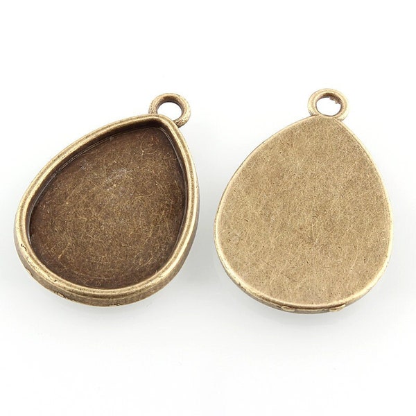 10 pièces Antique Bronze Teardrop Bezel Cabochon Pendentif Tags Plateaux - 25mm x 18mm Colle Pad - Réglage - 25x18mm - 18x25mm