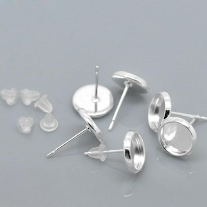 50 pcs. Silver Plated Earring Posts Studs Settings Bezels Cabochons Tacks- 8mm Glue Pad Setting image 3