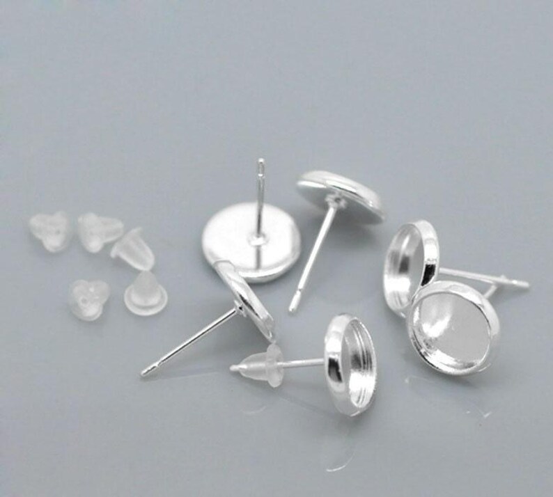 50 pcs. Silver Plated Earring Posts Studs Settings Bezels Cabochons Tacks- 8mm Glue Pad Setting image 3